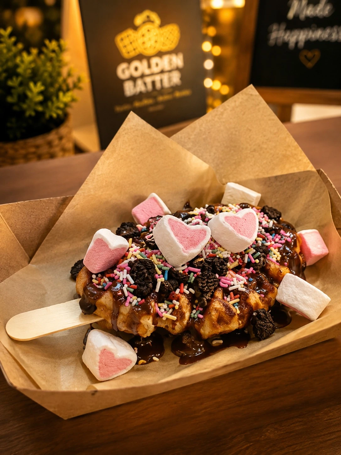 Croffle stick with chocolate, marshmallows and sprinkles