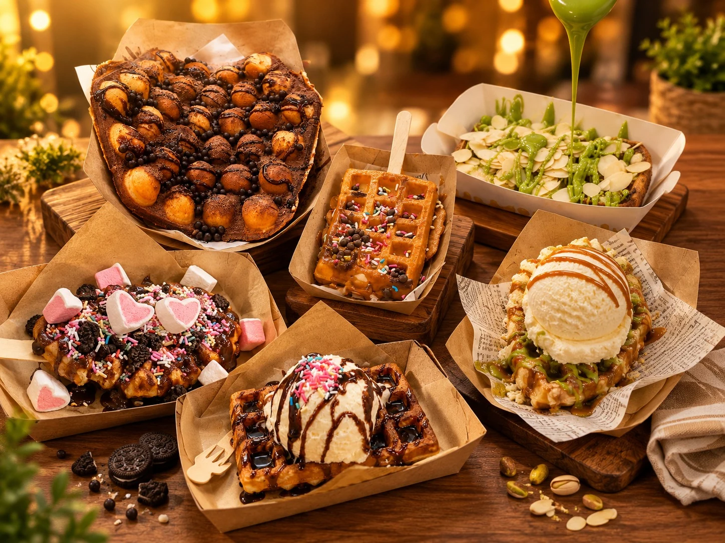 Golden Batter waffles with chocolate, ice cream and colourful toppings